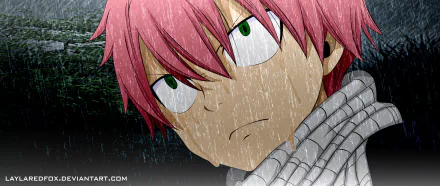 Close-up of Natsu Dragneel from Fairy Tail in the rain, intense expression, pink hair and signature scarf — HD PC desktop wallpaper/background.