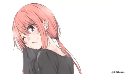 HD anime original artwork of a girl with pink hair tied in a low ponytail, looking over her shoulder against a white background, designed as a PC desktop wallpaper.