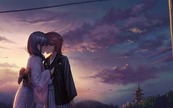 HD anime wallpaper of Futuba Isurugi and Kaoruko Hanayagi sharing a tender yuri moment from Shoujo☆Kageki Revue Starlight against a twilight sky backdrop.
