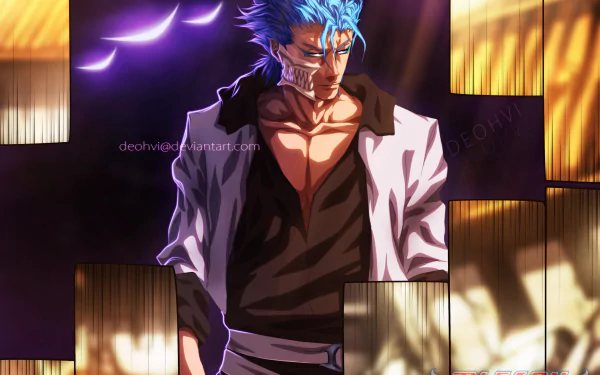 HD anime wallpaper featuring Grimmjow Jaegerjaquez from Bleach, showcasing his intense expression and signature blue hair in dynamic lighting.