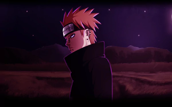 HD anime desktop wallpaper featuring Yahiko from Naruto standing against a dark, starry night with mountains in the background, highlighting the Pain storyline.