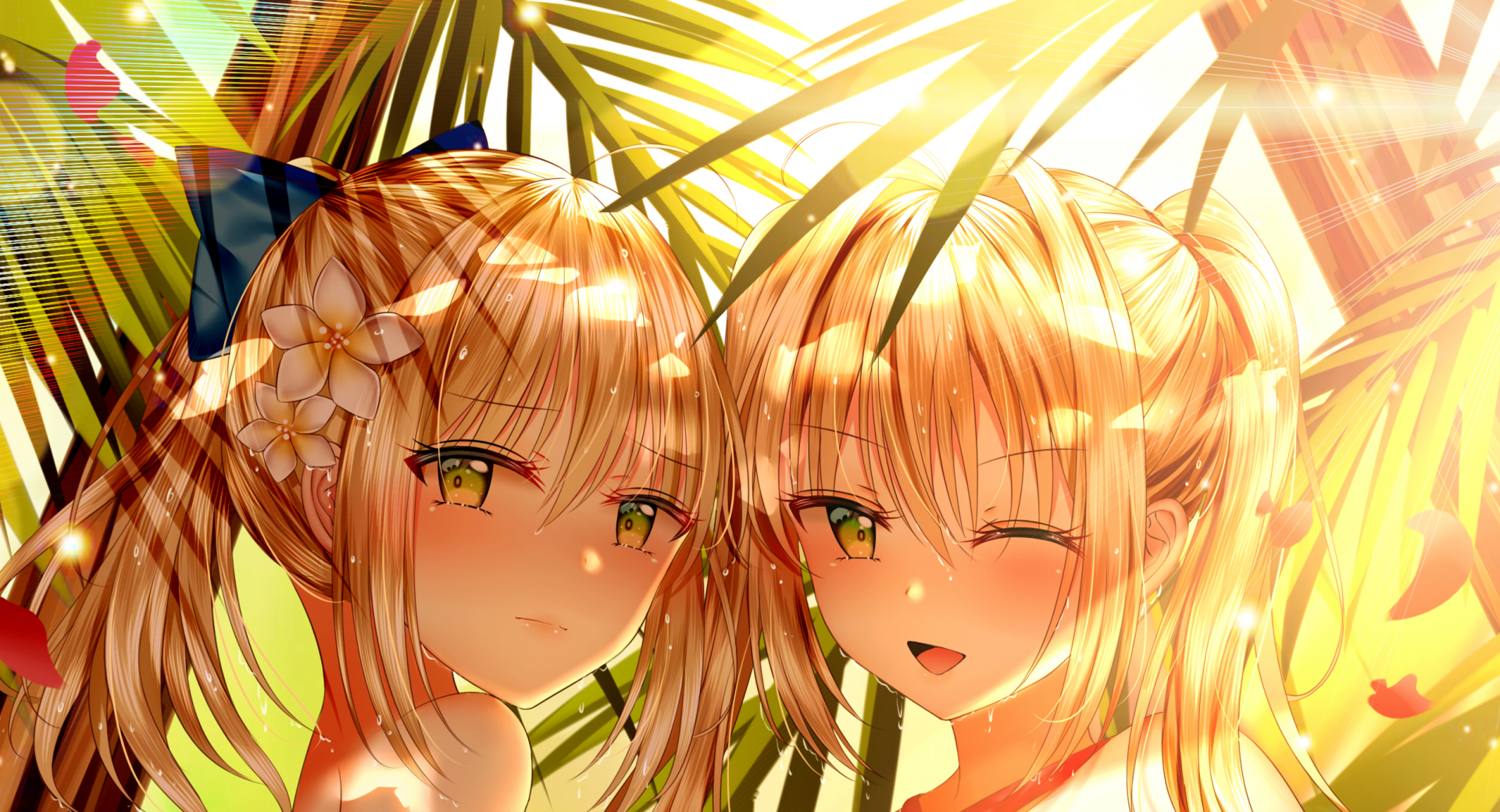 A vibrant HD wallpaper featuring Artoria Pendragon and Nero Claudius from the anime Fate/Grand Order, surrounded by lush greenery and warm sunlight.
