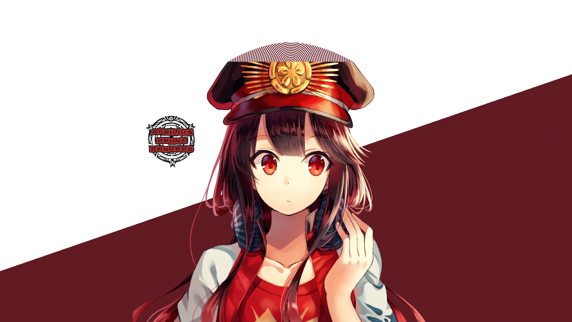 HD wallpaper of Oda Nobunaga from Fate/Grand Order, featuring an anime girl with long brown hair, brown eyes, and headphones, wearing a cap with a golden emblem, against a split white and maroon background.