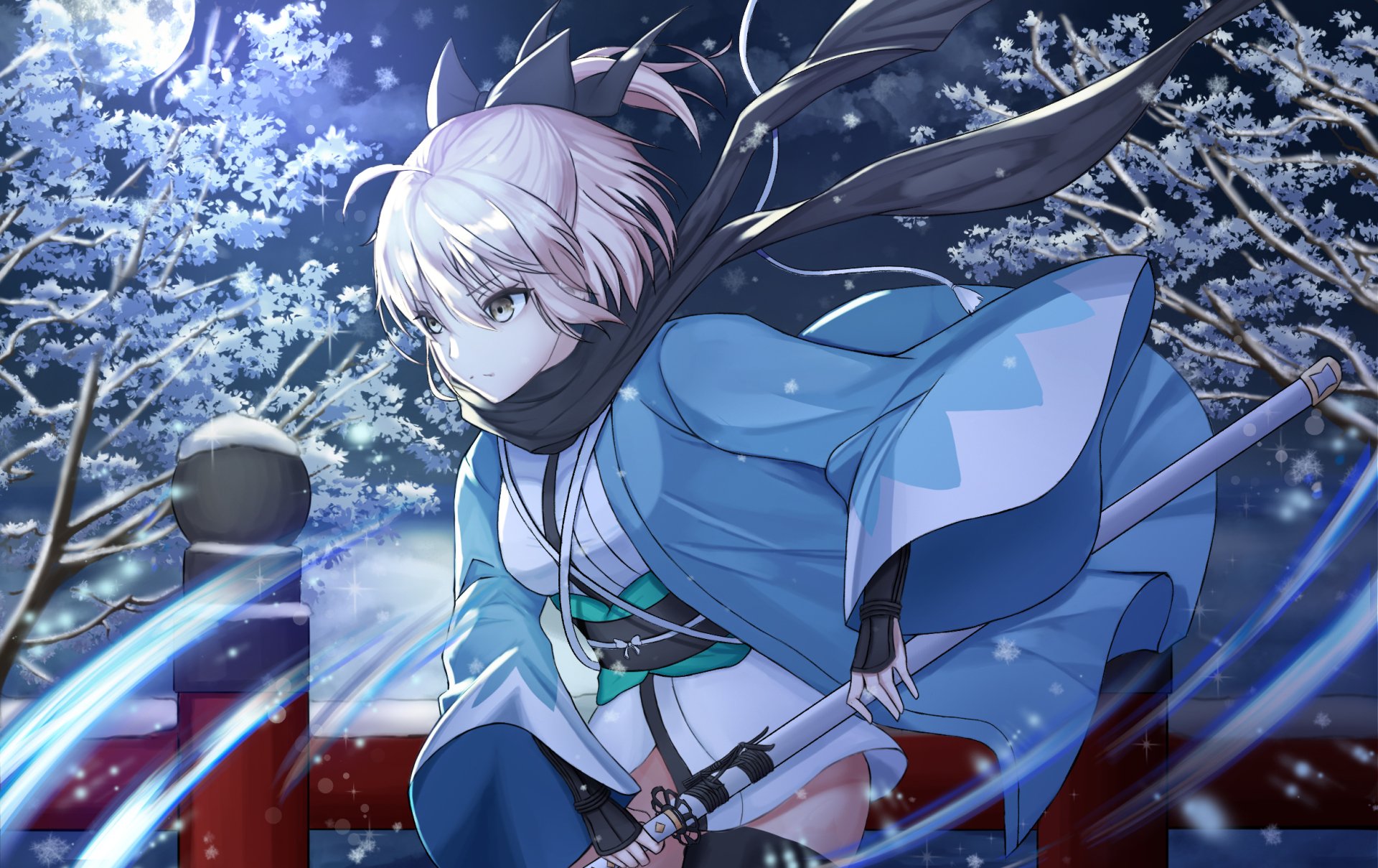 This HD desktop wallpaper features Sakura Saber from Fate/Grand Order, poised dynamically with a katana, against a snowy night backdrop.