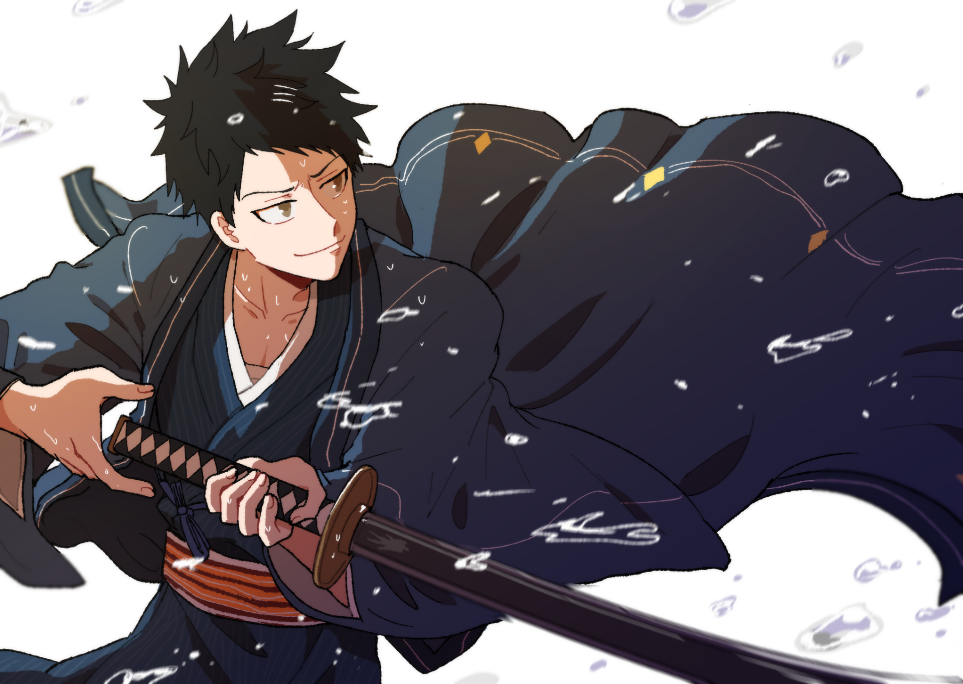 HD PC wallpaper of anime character Takeshi Yamamoto from Katekyō Hitman Reborn!, gripping a katana in a flowing robe as wind and falling petals surround him.