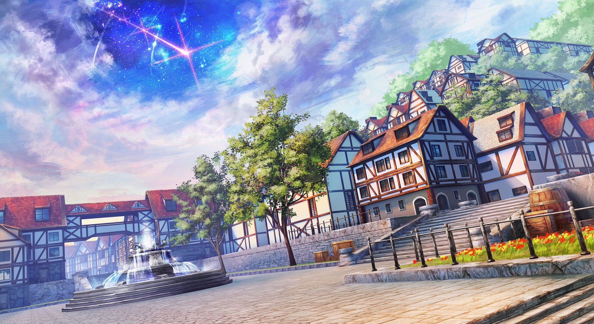 HD desktop wallpaper of an anime-styled original artwork. The image features a tranquil medieval town square with timber-framed buildings, a fountain, lush greenery, and a vibrant starry sky overhead.