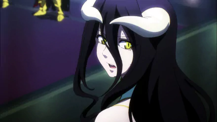 HD anime wallpaper featuring Albedo from Overlord, showcasing her distinctive horns, long black hair, and yellow eyes in a dark, atmospheric setting.