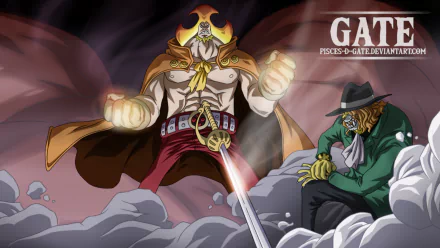 HD PC desktop wallpaper: anime One Piece scene featuring Charlotte Oven and Pedro (One Piece), Oven looming with glowing fists while Pedro kneels wounded — dramatic high-resolution background.