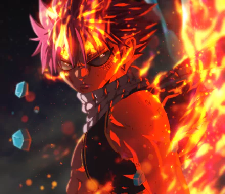 HD wallpaper featuring Natsu Dragneel from the anime Fairy Tail, depicted with pink hair, a scarf, and surrounded by flames.