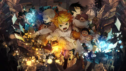 HD wallpaper featuring characters from The Promised Neverland: Naila, Don, Maya, Eugene, Shelly, Lani, Anna, Gilda, Norman, Ray, Phil, and Emma in an intense, action-packed scene with bright effects.