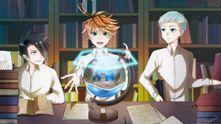 HD anime wallpaper featuring Norman, Ray, and Emma from The Promised Neverland gathered around a glowing globe in a library setting.