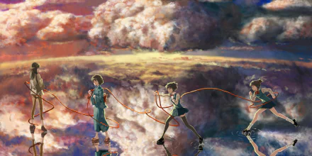 Mitsuha Miyamizu and companions from the anime Your Name. walk across a mirrored water surface beneath dramatic sunset clouds, connected by red threads — 5K Ultra HD PC desktop wallpaper.