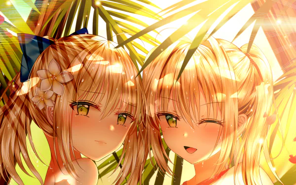 A vibrant HD wallpaper featuring Artoria Pendragon and Nero Claudius from the anime Fate/Grand Order, surrounded by lush greenery and warm sunlight.