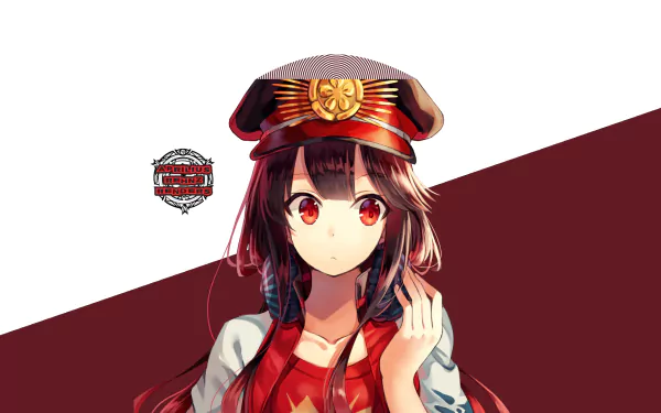 HD wallpaper of Oda Nobunaga from Fate/Grand Order, featuring an anime girl with long brown hair, brown eyes, and headphones, wearing a cap with a golden emblem, against a split white and maroon background.