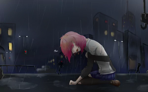 Anime-style city scene in 4K Ultra HD featuring a character with pink hair kneeling in the rain, holding an umbrella under moody, dark skies.