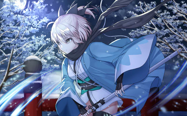 This HD desktop wallpaper features Sakura Saber from Fate/Grand Order, poised dynamically with a katana, against a snowy night backdrop.