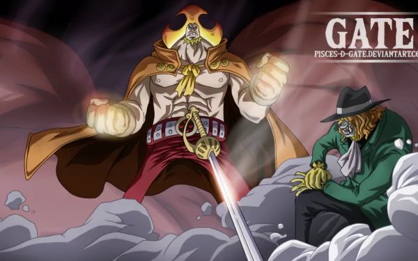 HD PC desktop wallpaper: anime One Piece scene featuring Charlotte Oven and Pedro (One Piece), Oven looming with glowing fists while Pedro kneels wounded — dramatic high-resolution background.