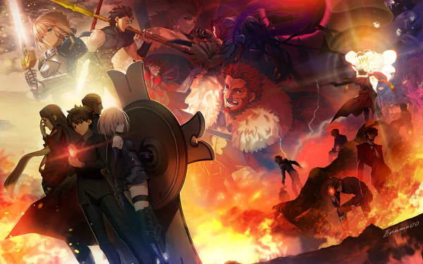 HD desktop wallpaper featuring characters from Fate/Zero and Fate/Grand Order, including Assassin, Saber, Gilgamesh, Rider, and more, set against a dynamic, fiery background.