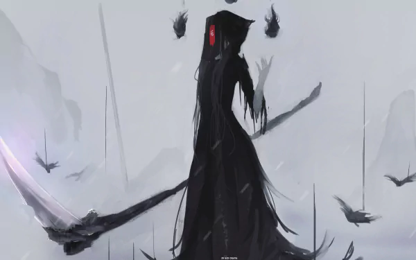 An anime character in dark robes wields a massive scythe, set against a misty, abstract background. This original HD desktop wallpaper adds a touch of fantasy and mystery to your screen.
