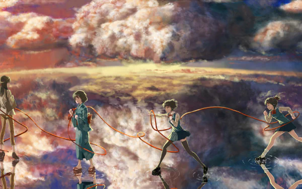 Mitsuha Miyamizu and companions from the anime Your Name. walk across a mirrored water surface beneath dramatic sunset clouds, connected by red threads — 5K Ultra HD PC desktop wallpaper.