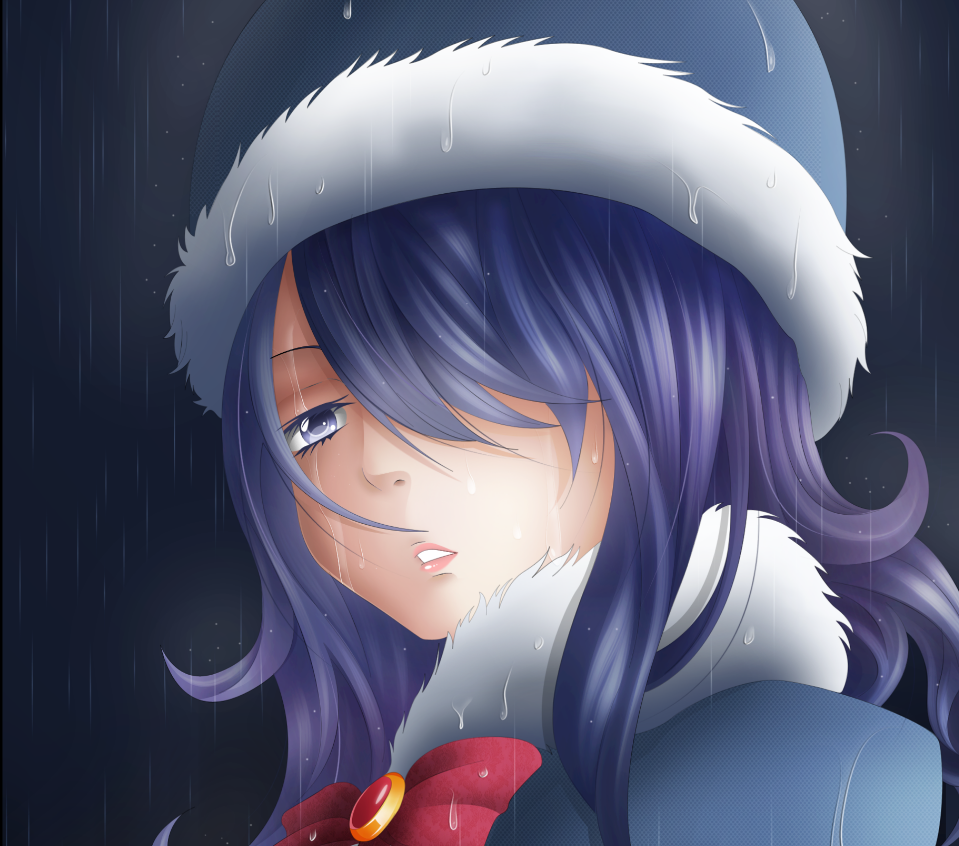 HD PC desktop wallpaper: close-up of Juvia Lockser (Fairy Tail anime) with rain-soaked blue hair, fur-trimmed hood, and a soft, melancholy expression.