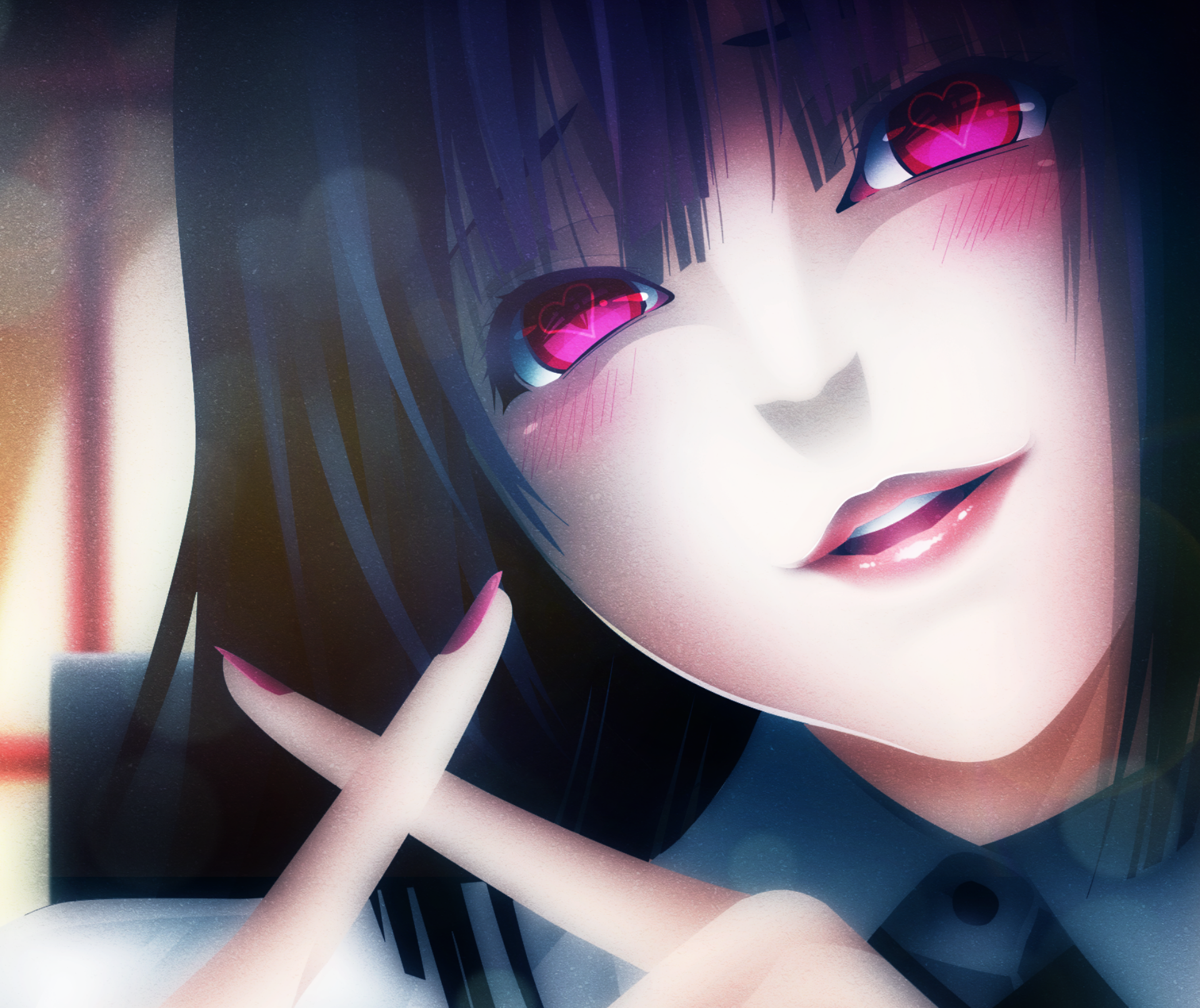 HD PC desktop wallpaper: close-up of Yumeko Jabami (Kakegurui) — intense pink eyes, mischievous smile, black hair and painted nails in vivid anime-style background.