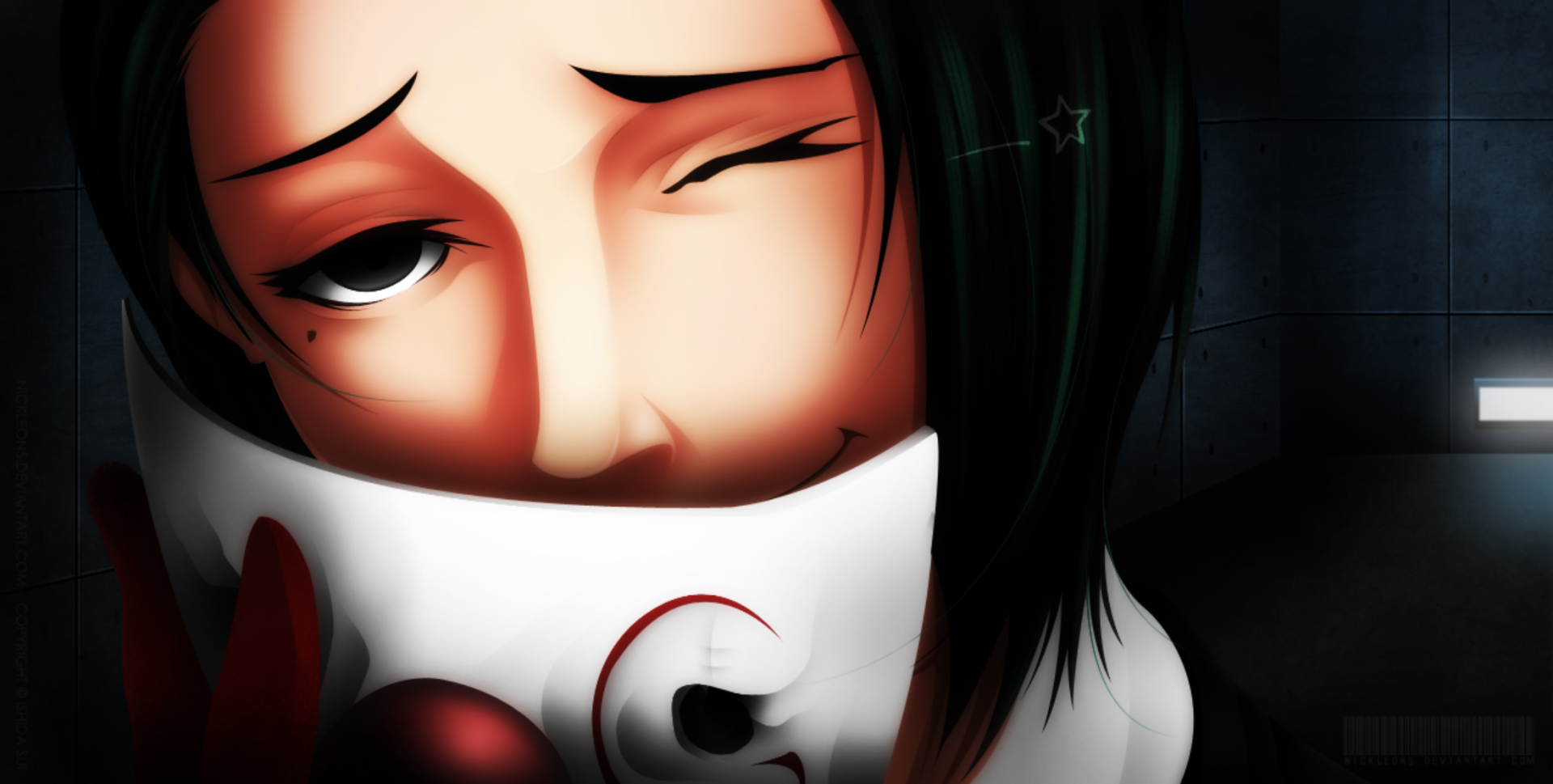 HD PC desktop wallpaper: anime close-up of Kichimura Washuu from Tokyo Ghoul:re, winking behind a white mask, dark hair and moody shadowed background.