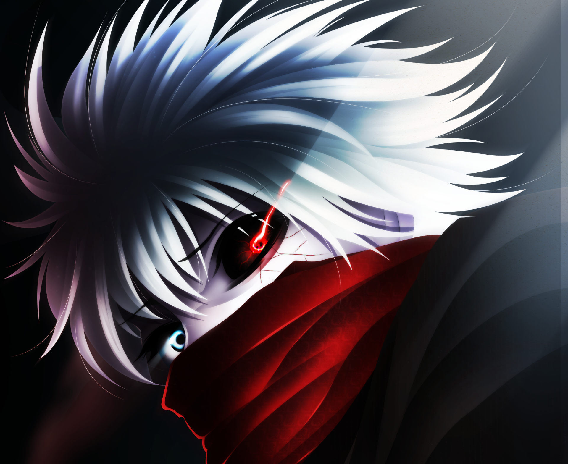 HD PC desktop wallpaper featuring Ken Kaneki from the anime Tokyo Ghoul:re, showcasing his white hair, red eye, and intense expression.