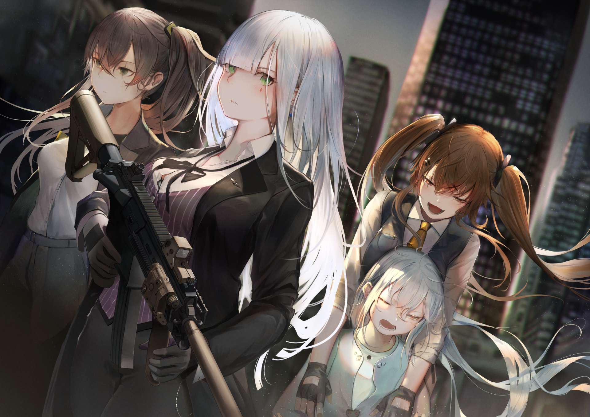 HD desktop wallpaper featuring UMP9, UMP45, HK416, and G11 from the video game Girls Frontline, set against an urban nightscape.