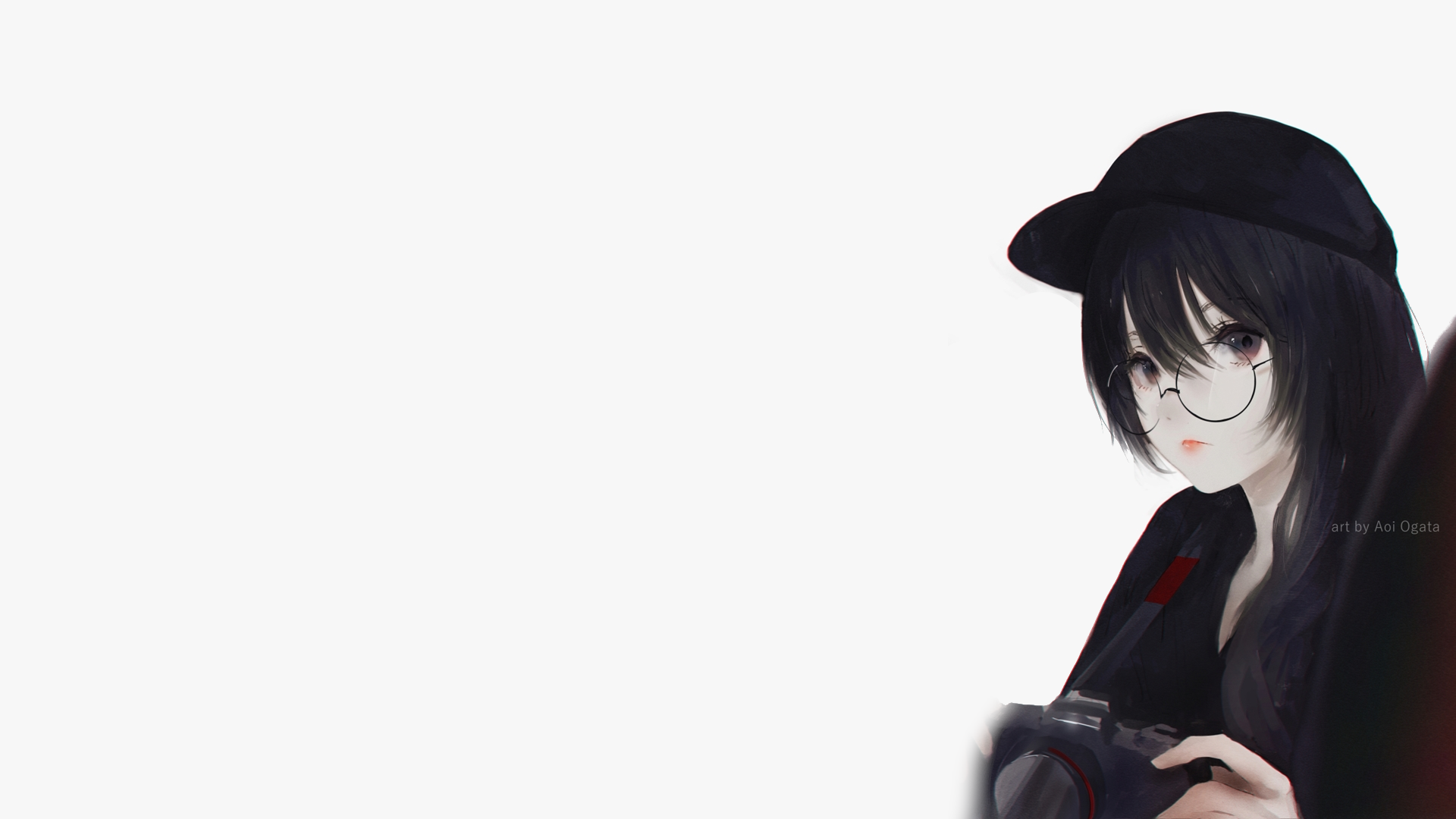 Anime-style original HD desktop wallpaper featuring a girl with glasses and a black hat against a minimalistic white background.