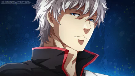HD PC desktop wallpaper of Gintoki Sakata from Gintama: anime close-up with silver hair, blue eyes and red-trimmed collar against a deep, starry blue background.