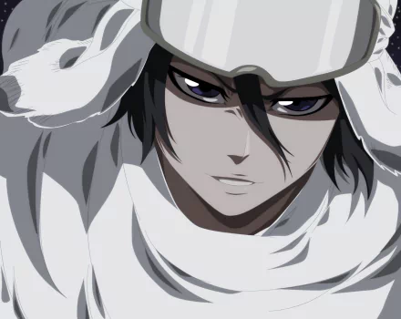 HD PC desktop wallpaper of Rukia Kuchiki (Bleach): close-up, hooded in a white cloak, intense shadowed eyes and calm, stoic expression.