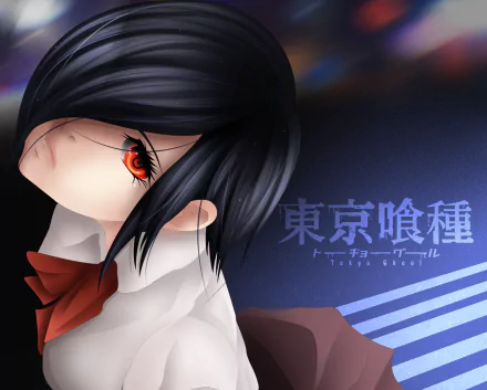 HD PC desktop wallpaper featuring Touka Kirishima from the anime Tokyo Ghoul, showcasing her striking red eye and dark hair against a moody blue background.