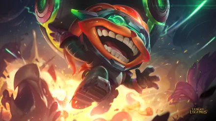 Ziggs (League of Legends) explodes with glee amid fiery blasts — vibrant HD PC desktop wallpaper/background from the video game League of Legends.