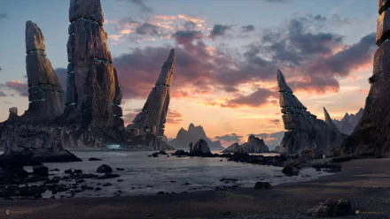A stunning HD Sci-Fi landscape with towering rock formations under a dramatic sunset sky, created as artistic desktopography for PC wallpaper and background use.