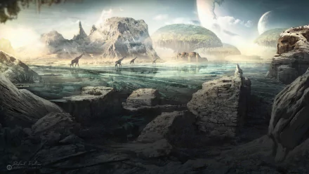 A detailed fantasy landscape featuring alien mountains, large planets in the sky, and a group of giraffe-like creatures by a reflective water body, rendered as HD PC desktop art.