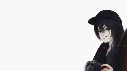 Anime-style original HD desktop wallpaper featuring a girl with glasses and a black hat against a minimalistic white background.