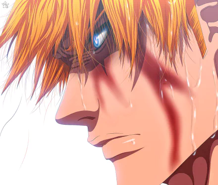 An intense anime-style wallpaper featuring Ichigo Kurosaki from Bleach, showcasing his angry expression, striking blue eyes, and orange hair. The image is in HD, with dramatic lighting and detailed artwork.