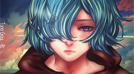HD desktop wallpaper of Touka Kirishima from Tokyo Ghoul:re, featuring her with short blue hair and blue eyes against a colorful background.