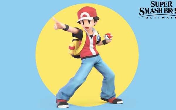 HD desktop wallpaper featuring Red from Pokémon as a Pokémon Trainer, showcased in a dynamic pose for the video game Super Smash Bros. Ultimate.