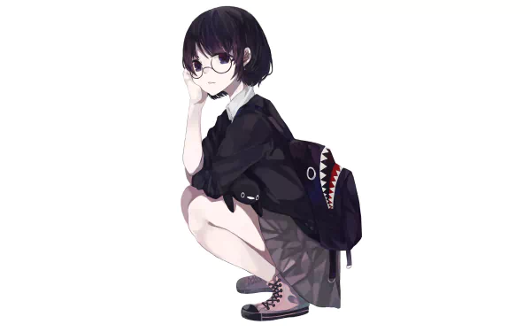 4K Ultra HD anime girl with glasses, dark bob haircut, wearing a black jacket and skirt, crouching with a shark-mouth backpack on a white background.