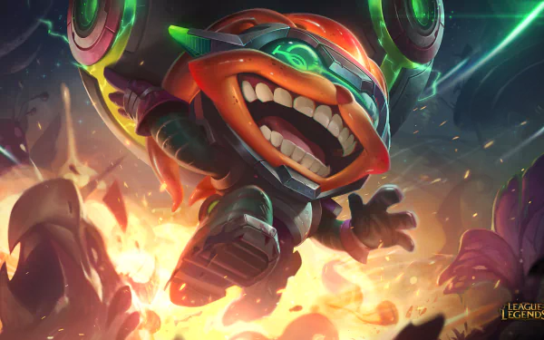 Ziggs (League of Legends) explodes with glee amid fiery blasts — vibrant HD PC desktop wallpaper/background from the video game League of Legends.