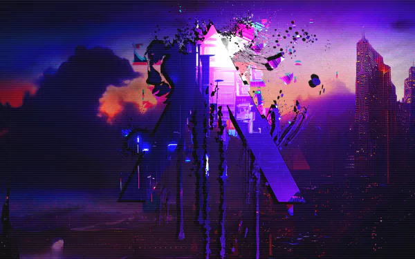 Abstract glitch art featuring a fragmented triangle against a vibrant purple and blue cityscape, designed as an HD PC desktop wallpaper and background.