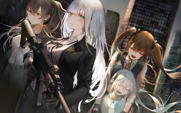HD desktop wallpaper featuring UMP9, UMP45, HK416, and G11 from the video game Girls Frontline, set against an urban nightscape.