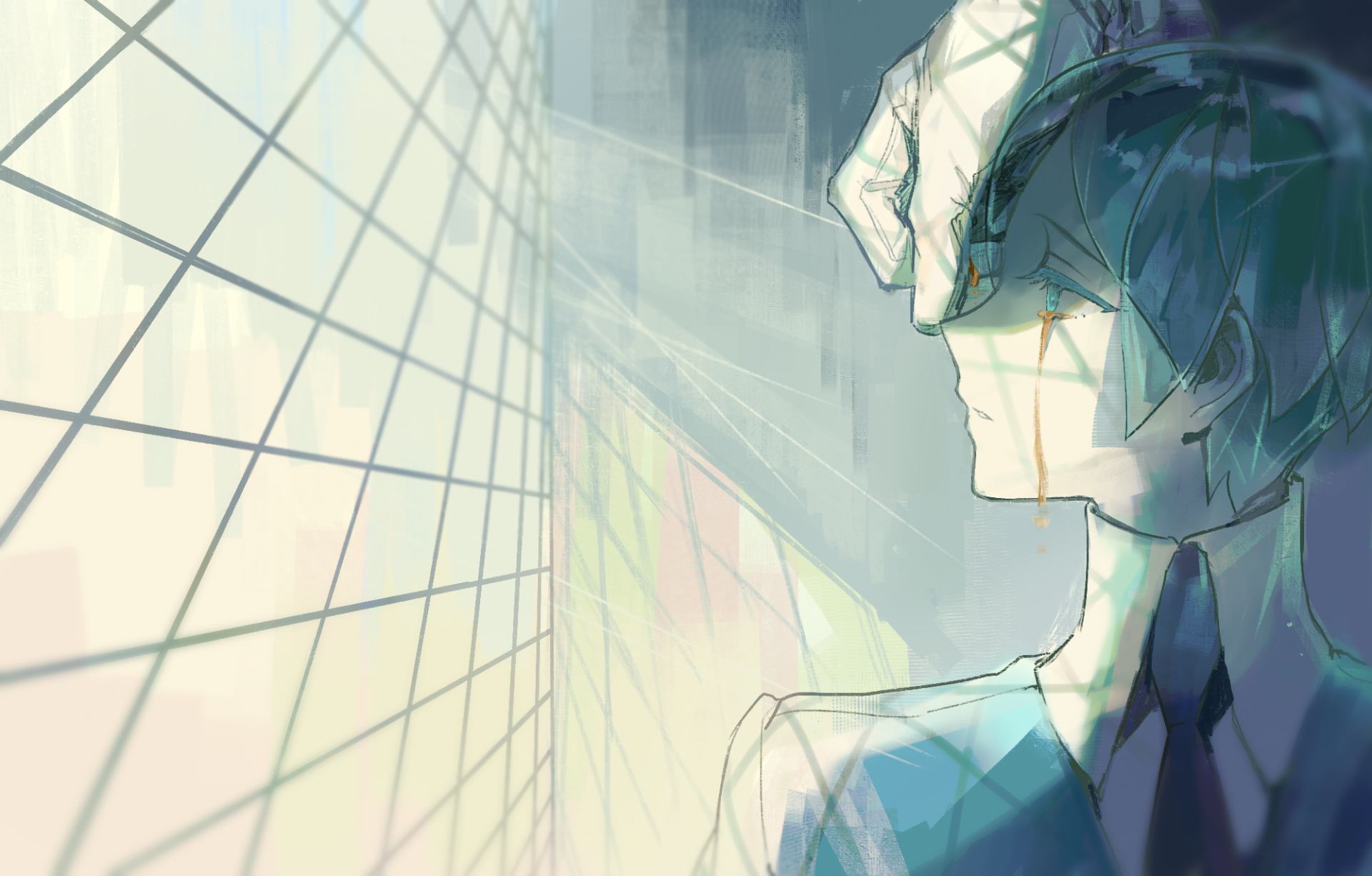 HD anime desktop wallpaper featuring Phosphophyllite from Land of the Lustrous, showcasing soft light and reflective glass patterns in a serene atmosphere.