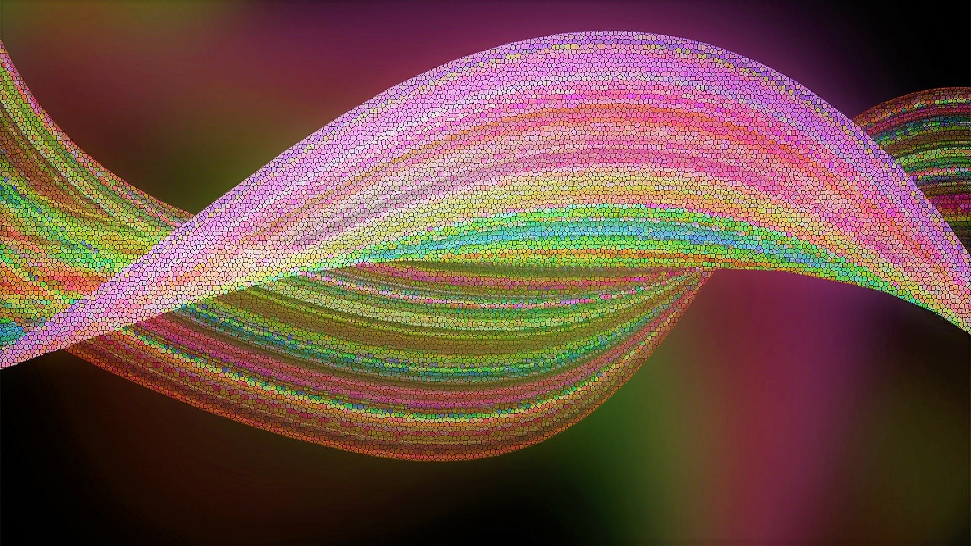 HD PC desktop wallpaper featuring a colorful, abstract fractal mosaic with flowing, vibrant waves of pink, green, and orange hues.