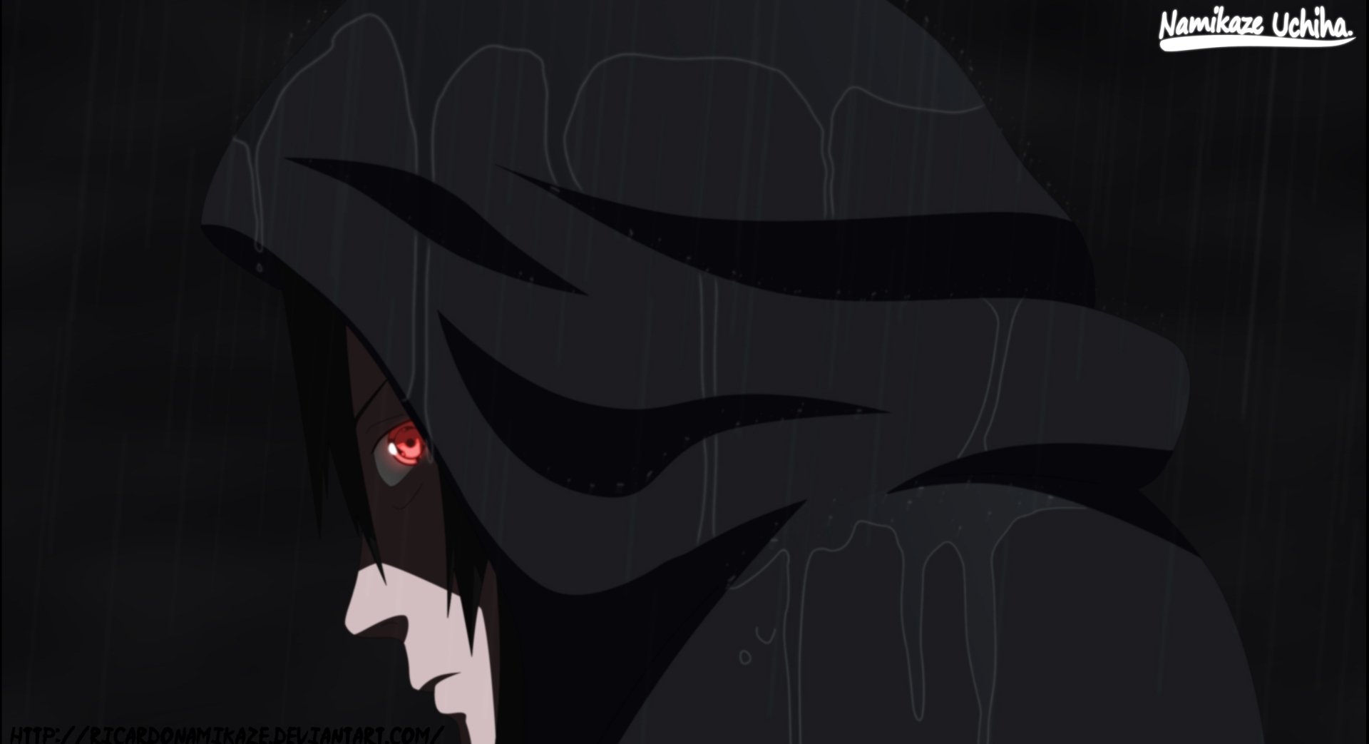 HD PC desktop wallpaper featuring Sasuke Uchiha from the anime Naruto, with a dark, rainy atmosphere highlighting his intense Sharingan eye.