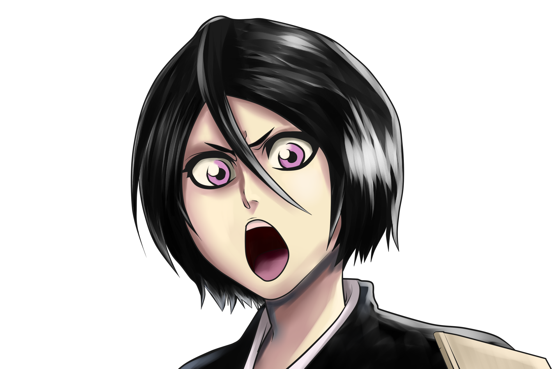 Rukia Kuchiki (Bleach) anime portrait with shocked expression and glossy black hair, high-detail 4K Ultra HD PC desktop wallpaper/background on a dark backdrop.