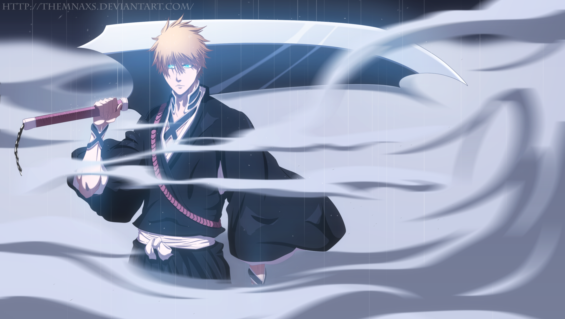 HD anime desktop wallpaper featuring Ichigo Kurosaki from Bleach, wielding his large sword amidst swirling mist and rain.
