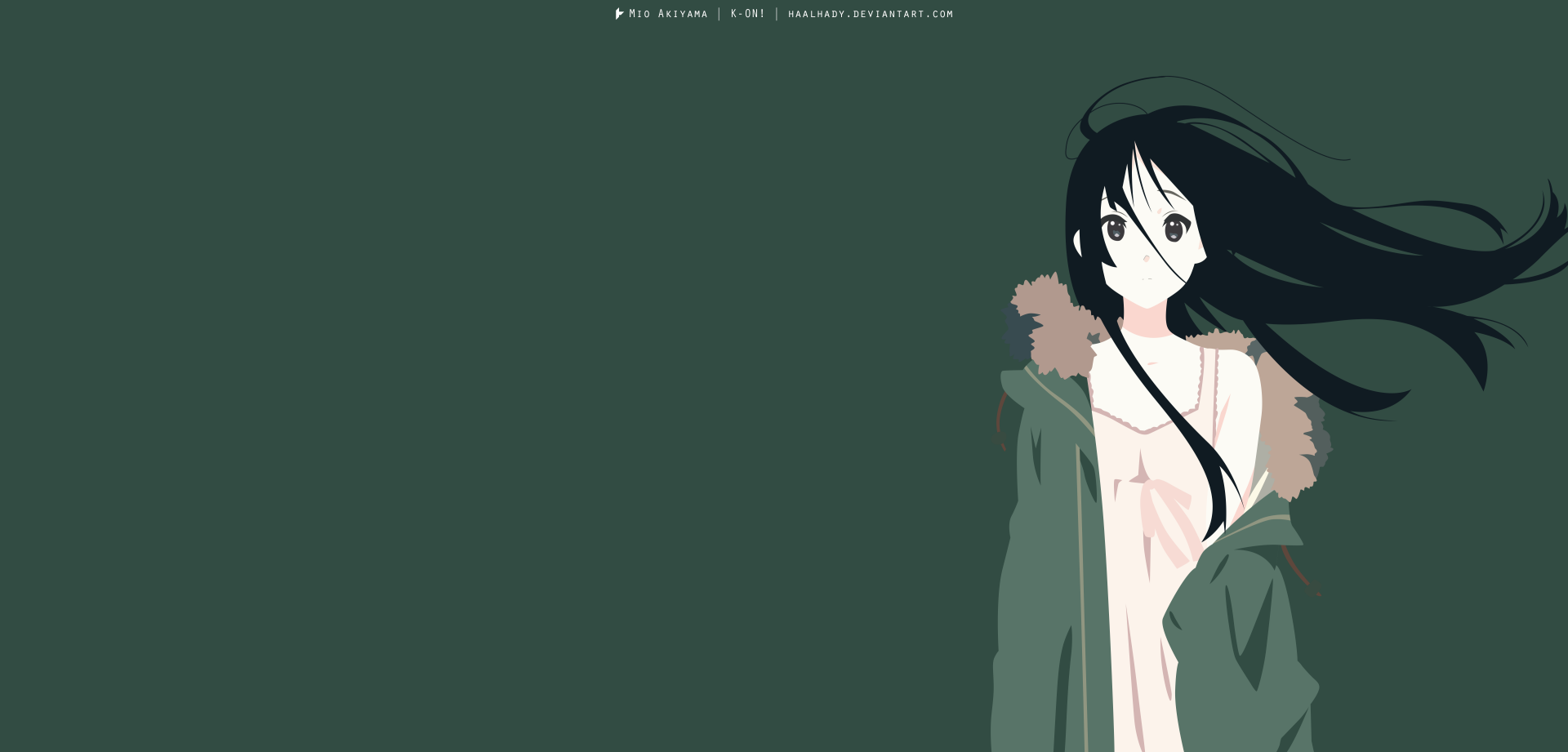 Mio Akiyama from K-ON! anime, windblown with long black hair and open coat on a minimal dark green background — 5K Ultra HD PC desktop wallpaper/background.